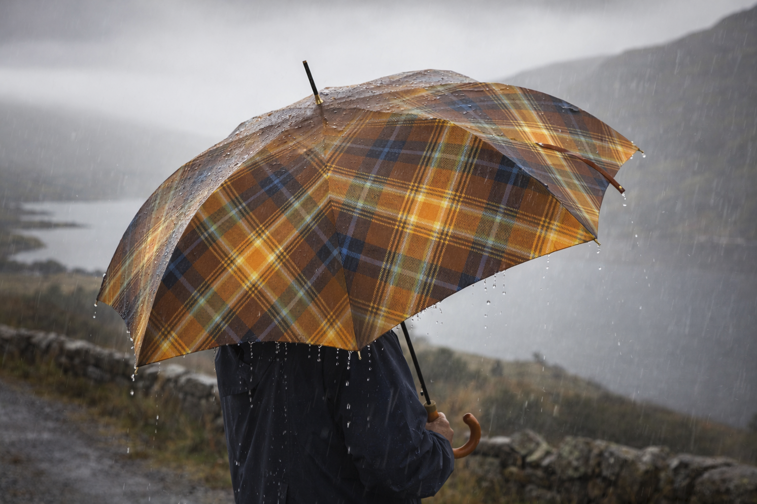 Tartan umbrella with amber, brown and navy check pattern in heavy rain overlooking a misty loch.
