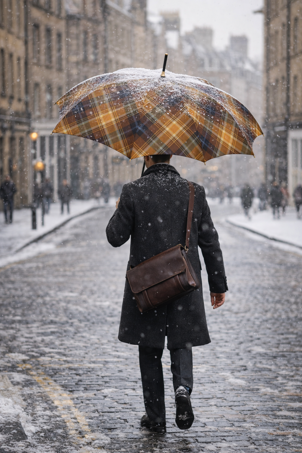 Man walking along a snowy cobbled city street holding an amber and navy tartan umbrella.