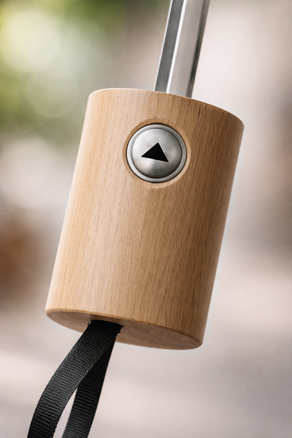 0004 - Light oak mini umbrella handle with silver auto-open button and black wrist strap detail.