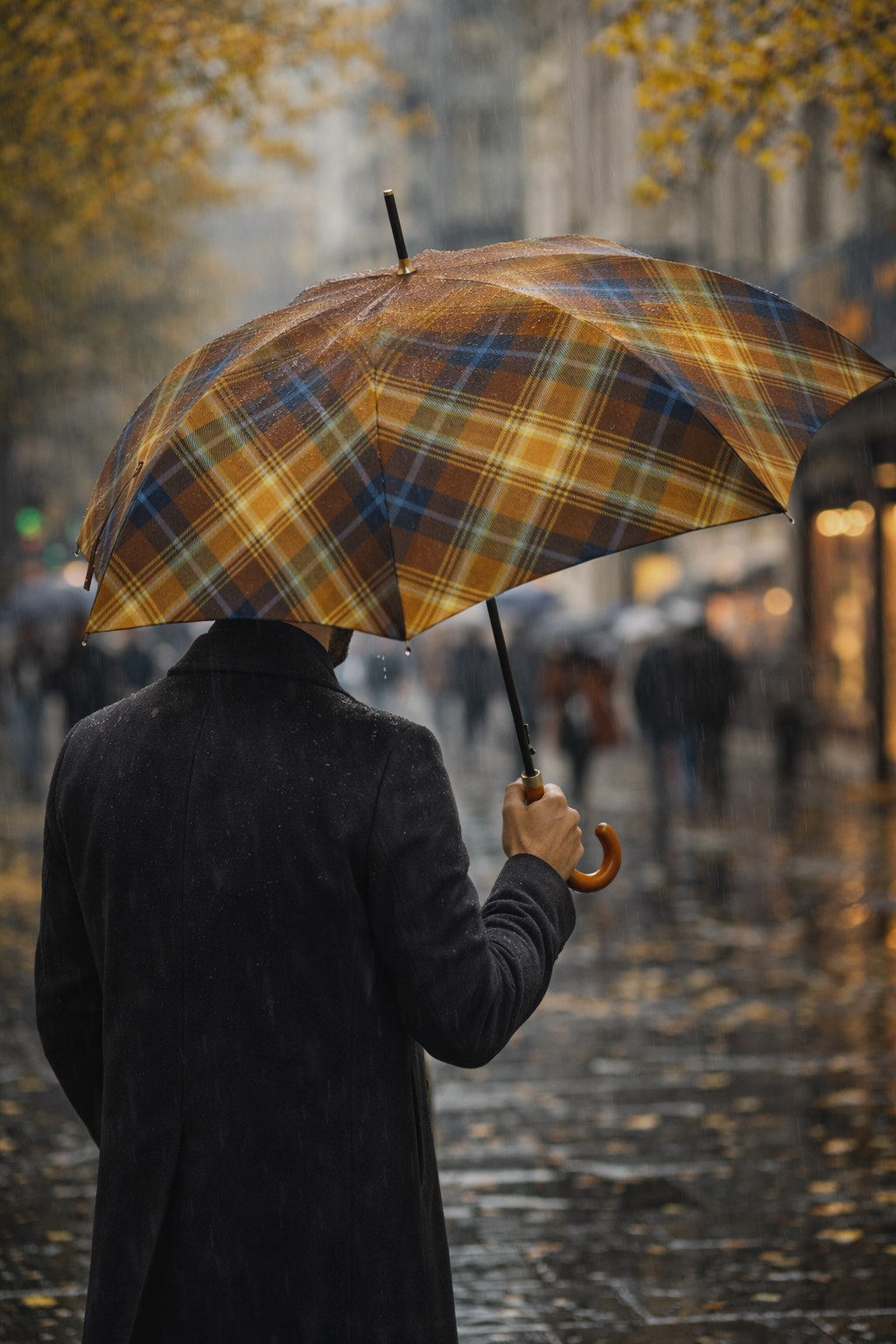 Tartan umbrella in autumn rain on a wet city street with blurred pedestrians and warm lights.