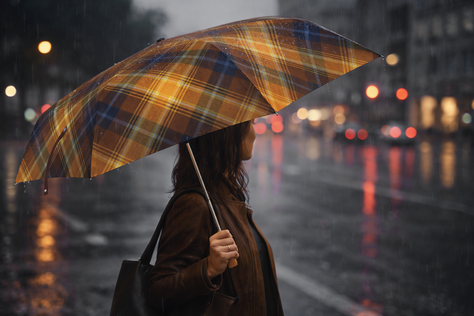 Side profile of woman under tartan umbrella on rainy city street with blurred lights.
