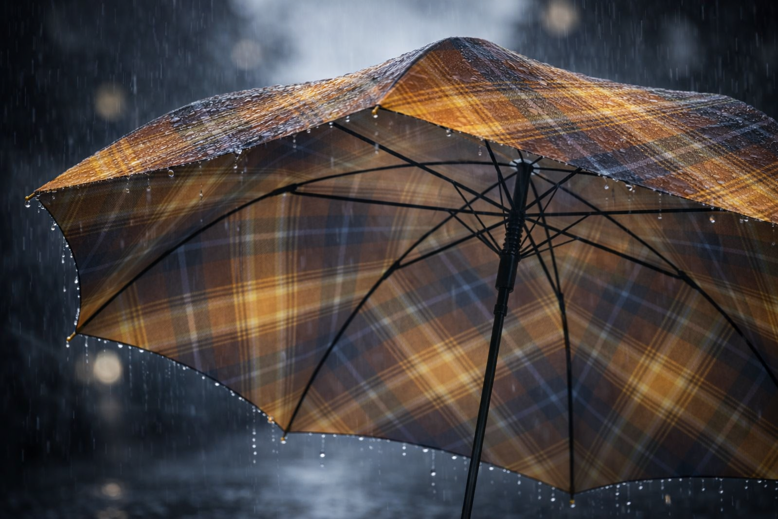 Open Angels’ Share tartan umbrella in rain showing inner frame and glowing plaid canopy.
