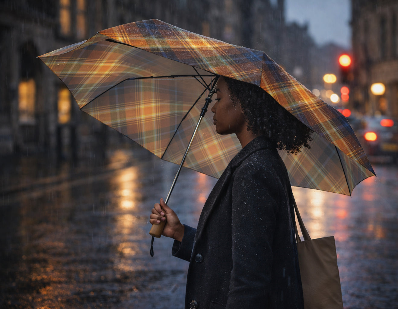 Woman walking in rainy city street holding Angels’ Share tartan umbrella with reflections on wet pavement.