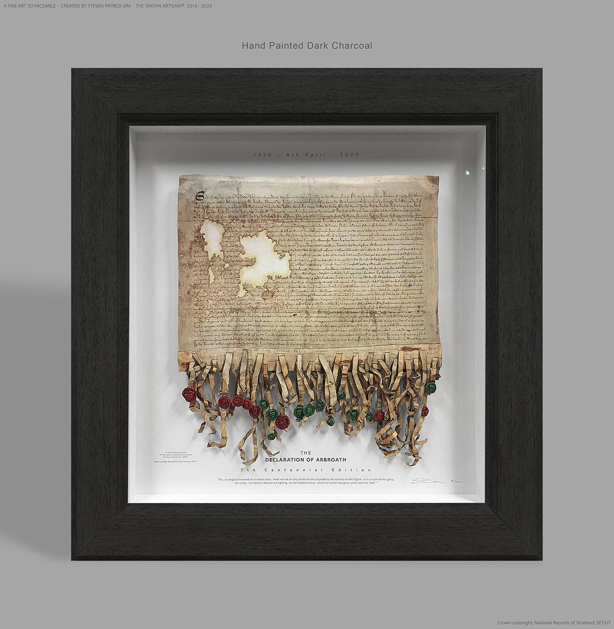 Declaration of Arbroath Fine-Art 3D Facsimile in hand-painted Dark Charcoal frame, 7th Centennial Edition by Steven Patrick Sim, The Tartan Artisan®.