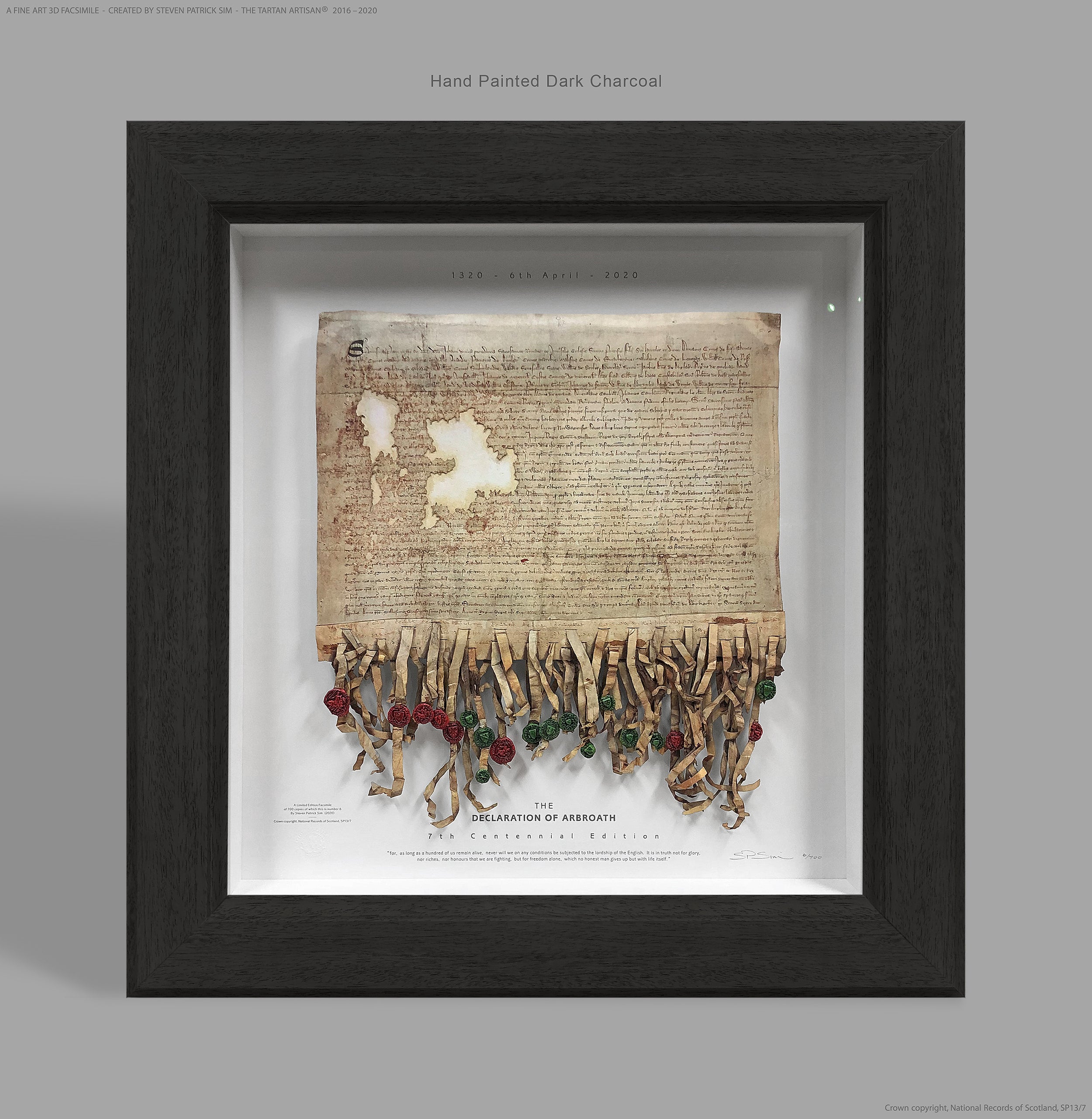 Declaration of Arbroath Fine-Art 3D Facsimile in hand-painted dark charcoal frame, 7th Centennial Edition by Steven Patrick Sim.