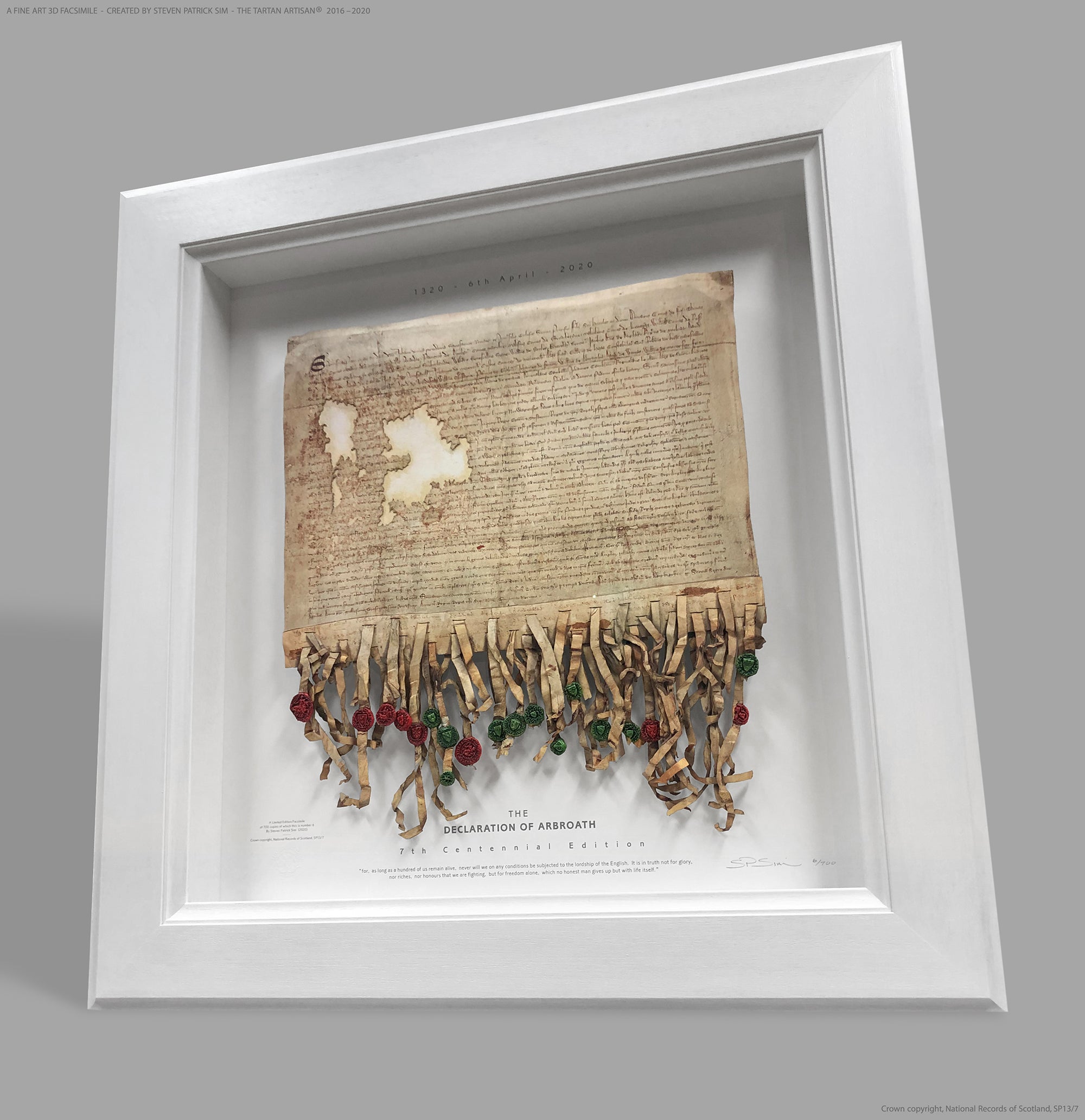 Hero full-front view of the white-framed Declaration of Arbroath Fine-Art 3D Facsimile, showing the complete 85% scale facsimile, parchment texture, cast seals and deep presentation frame.