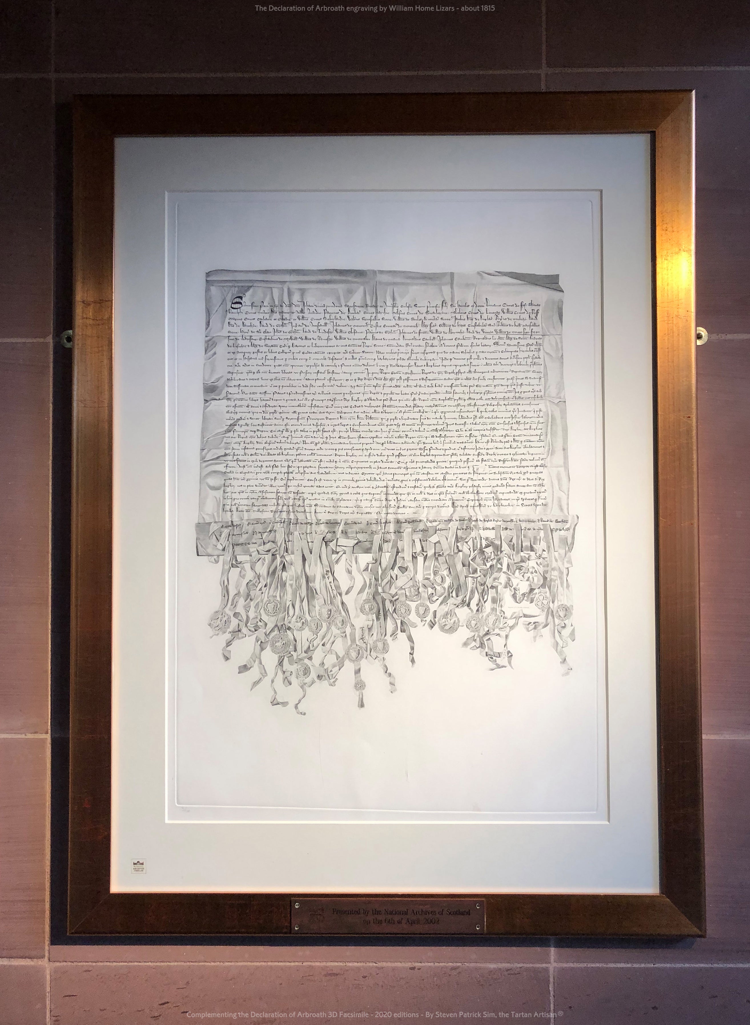Framed William Home Lizars copperplate engraving of the Declaration of Arbroath, used as historical reference for the Fine-Art 3D Facsimile seal work.