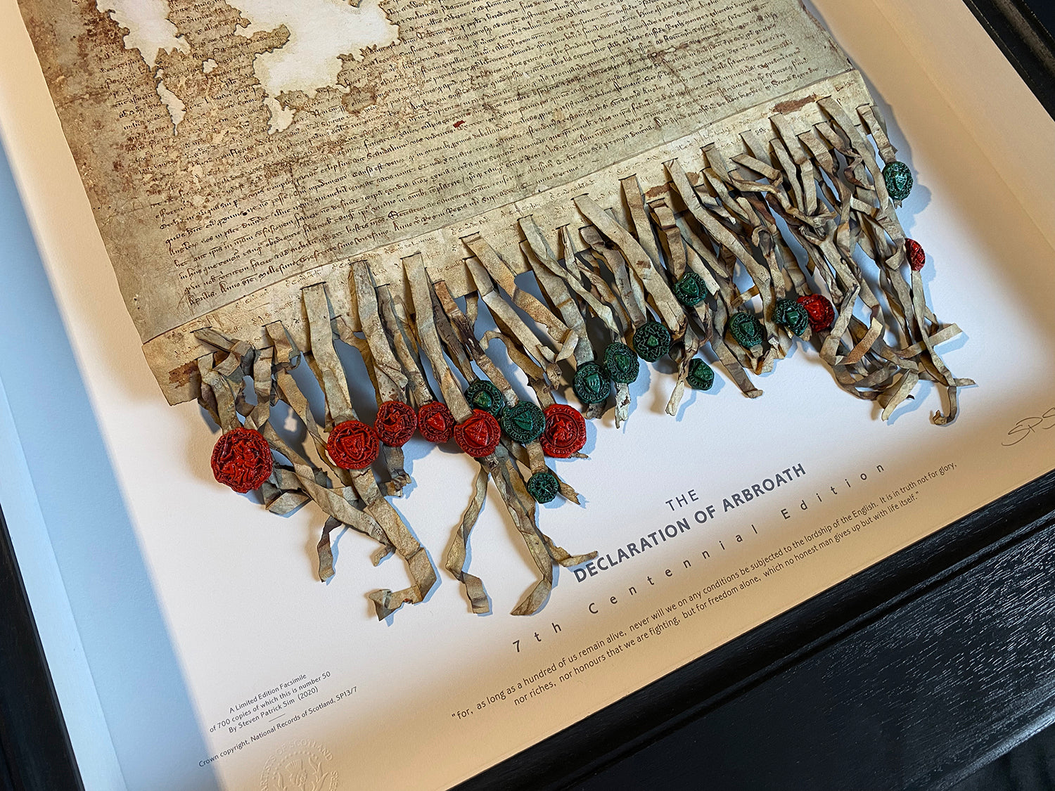 Angled close view of the Declaration of Arbroath Fine-Art 3D Facsimile showing the manuscript surface, seal tags and three-dimensional cast seals.