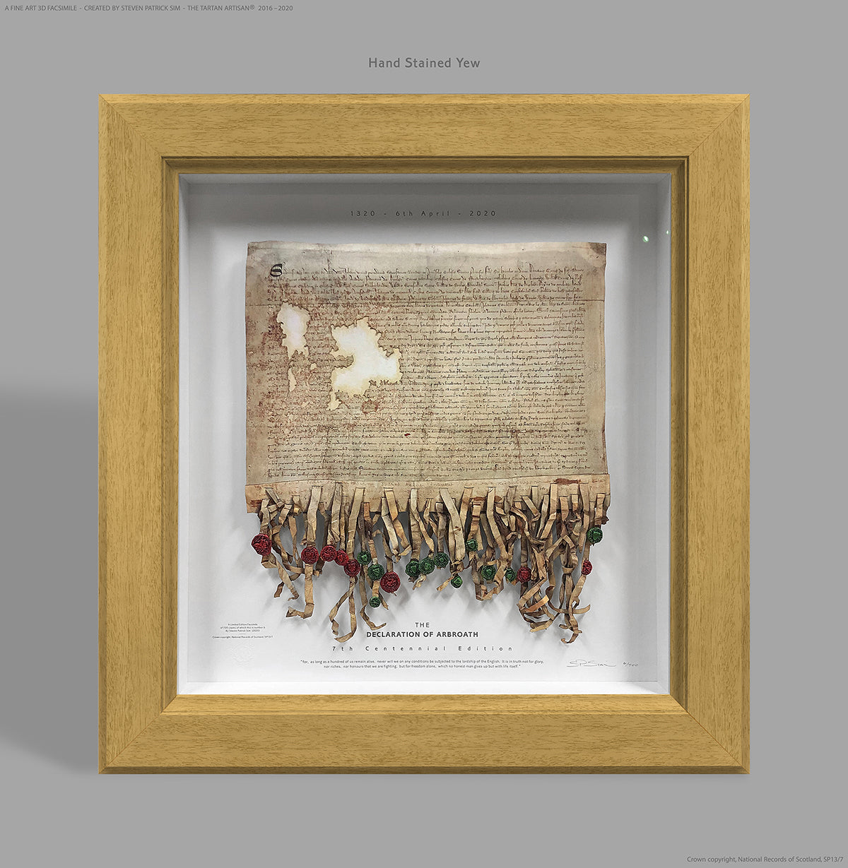 Declaration of Arbroath Fine-Art 3D Facsimile in hand-stained Yew frame finish, 7th Centennial Edition by Steven Patrick Sim, The Tartan Artisan®.