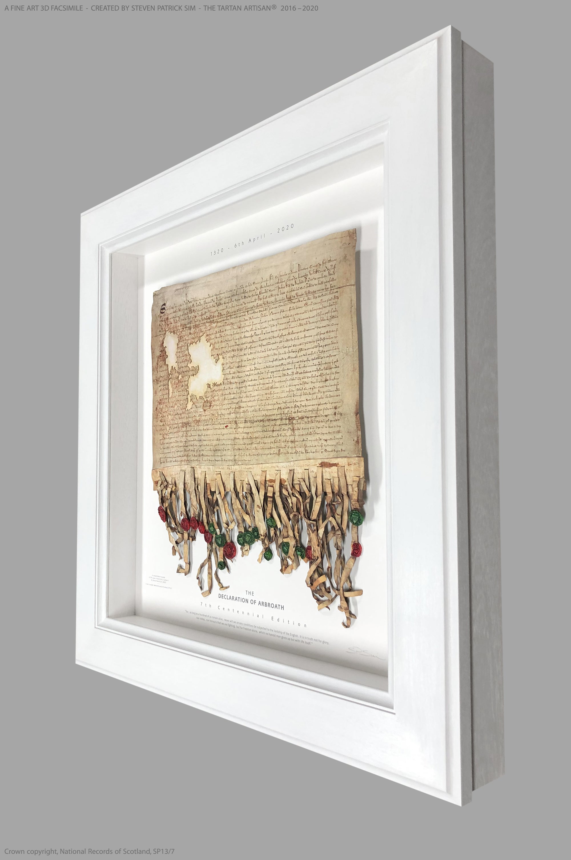 Side-profile view of the white-framed Declaration of Arbroath Fine-Art 3D Facsimile, highlighting the substantial frame depth and object-like construction.