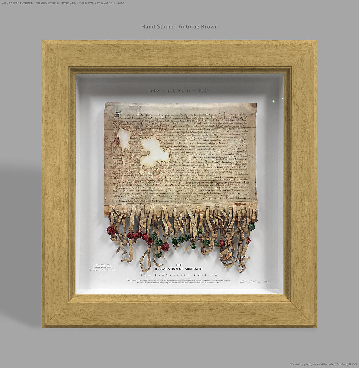 Declaration of Arbroath Fine-Art 3D Facsimile in hand-stained Antique Brown frame finish, 7th Centennial Edition by Steven Patrick Sim, The Tartan Artisan®.