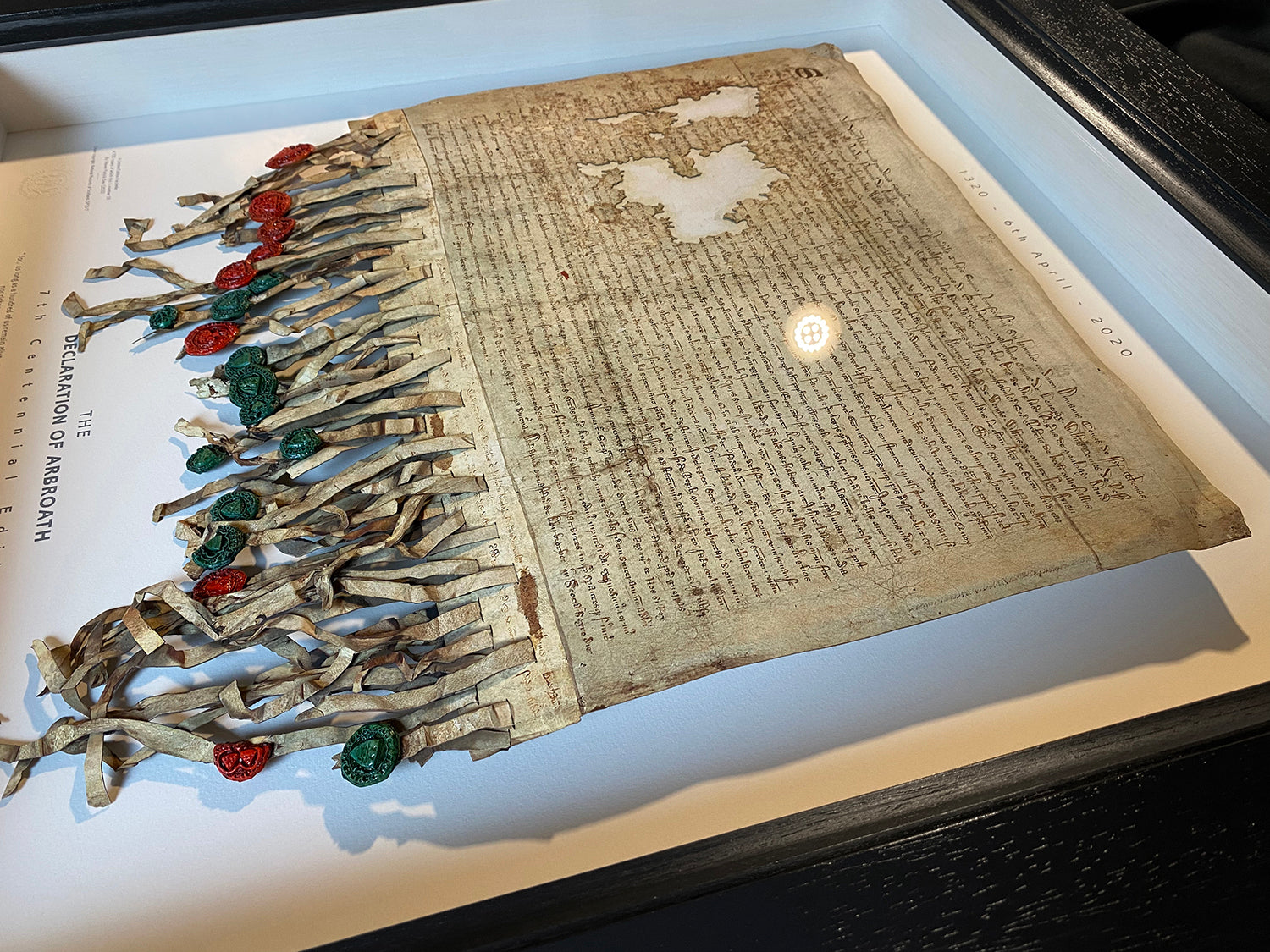 Left-side angled view of the Declaration of Arbroath Fine-Art 3D Facsimile showing the layered depth, seal tags and framed presentation.