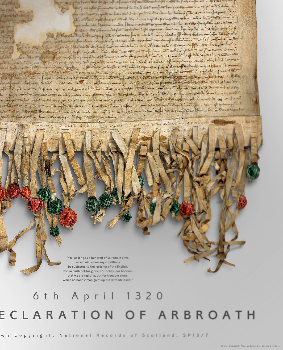 Detailed view of the Pearl Burnished Gold Declaration of Arbroath print showing the lower manuscript, hanging parchment tags, coloured seals, freedom quotation, 6th April 1320 date and part of the title.