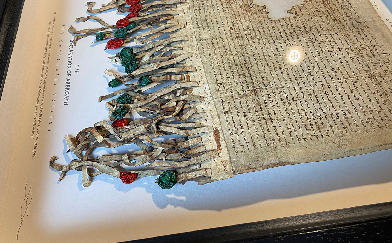 Side detail of the Declaration of Arbroath Fine-Art 3D Facsimile showing parchment-style manuscript detail, hanging seal tags and cast seals.