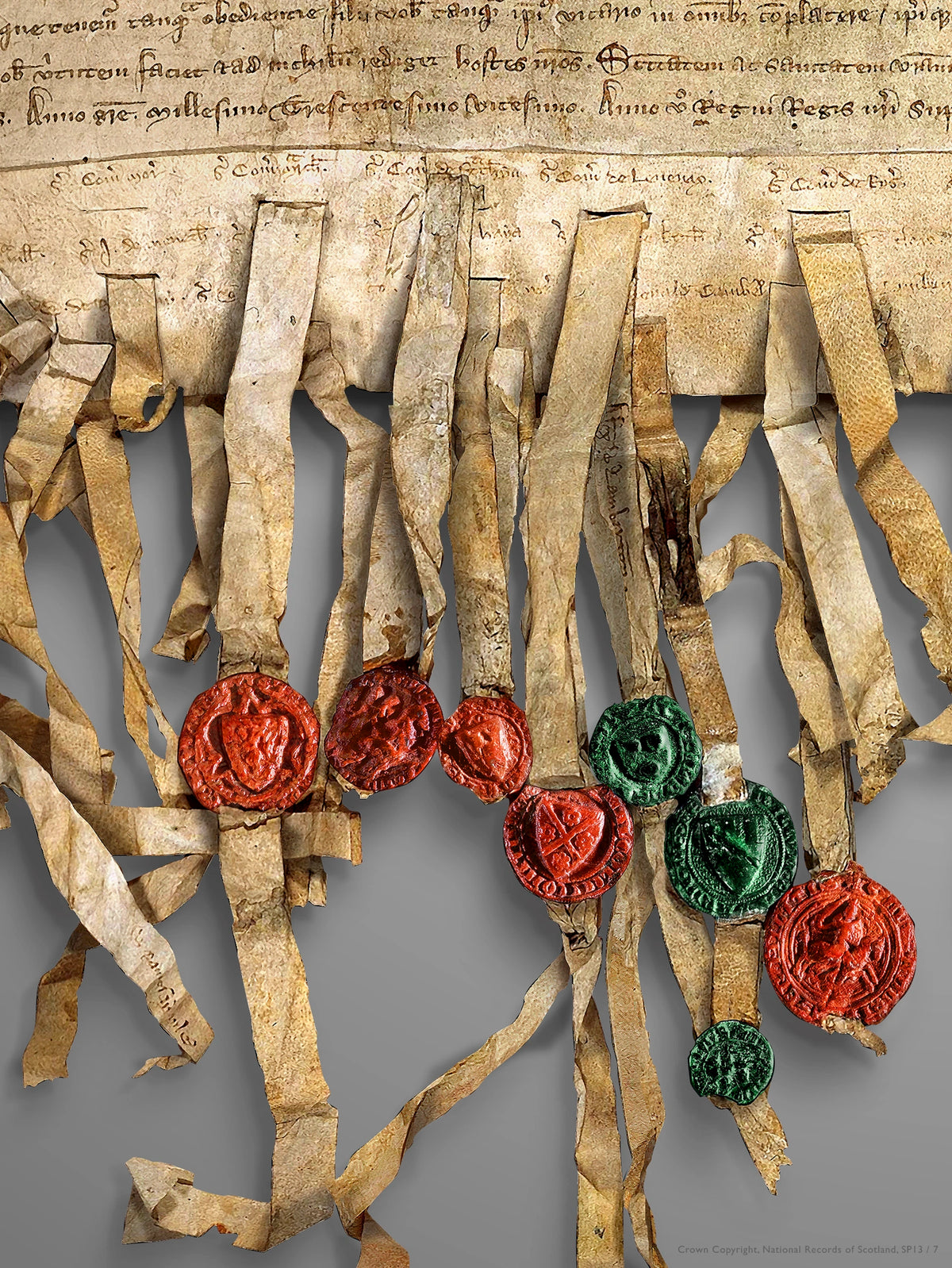 Close-up of the Pewter Burnished Gold Declaration of Arbroath print showing the lower manuscript edge, aged parchment tags and a concentrated group of red and green seals. The close framing makes the individual tag textures, seal forms and colour contrast especially clear.