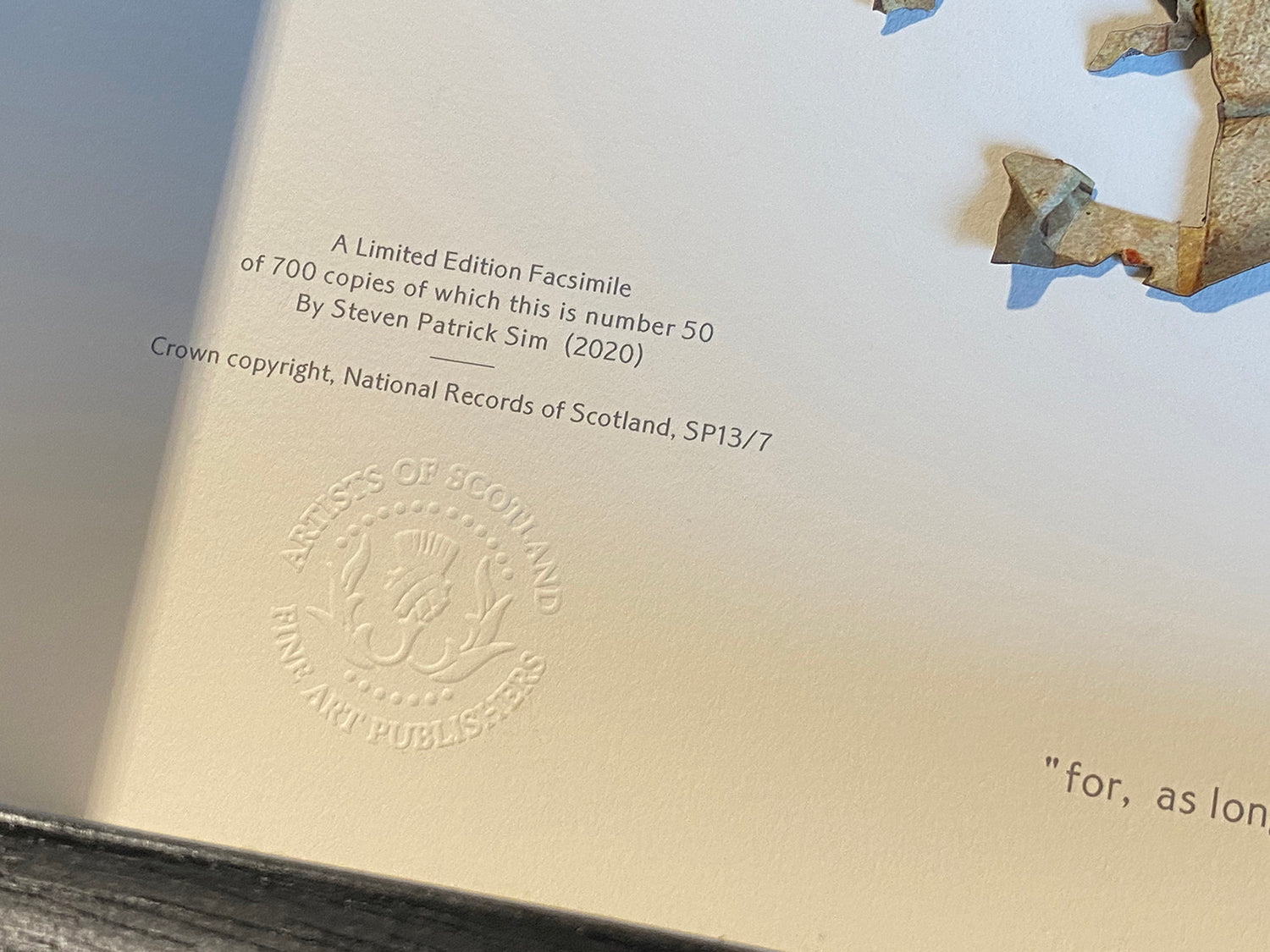 Embossed edition and copyright detail on the Declaration of Arbroath Fine-Art 3D Facsimile, 7th Centennial Edition.