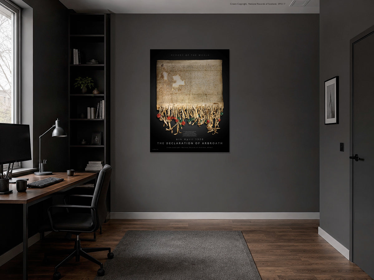 Illustrative dark home office with the Black Onyx Declaration artwork displayed on a grey wall above a desk area.