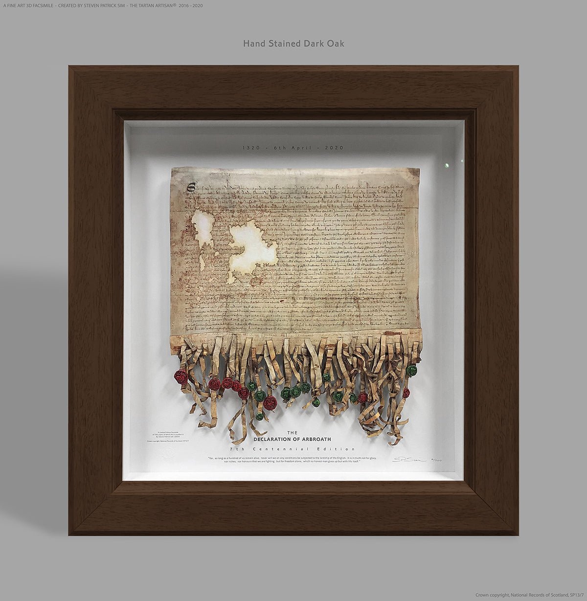 Declaration of Arbroath Fine-Art 3D Facsimile in hand-stained Dark Oak frame finish, 7th Centennial Edition by Steven Patrick Sim, The Tartan Artisan®.