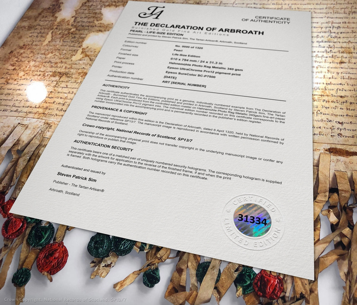 Pearl Life-Size Edition Certificate of Authenticity staged on the artwork, showing the certificate specification and hologram 31334 over the manuscript and seals.