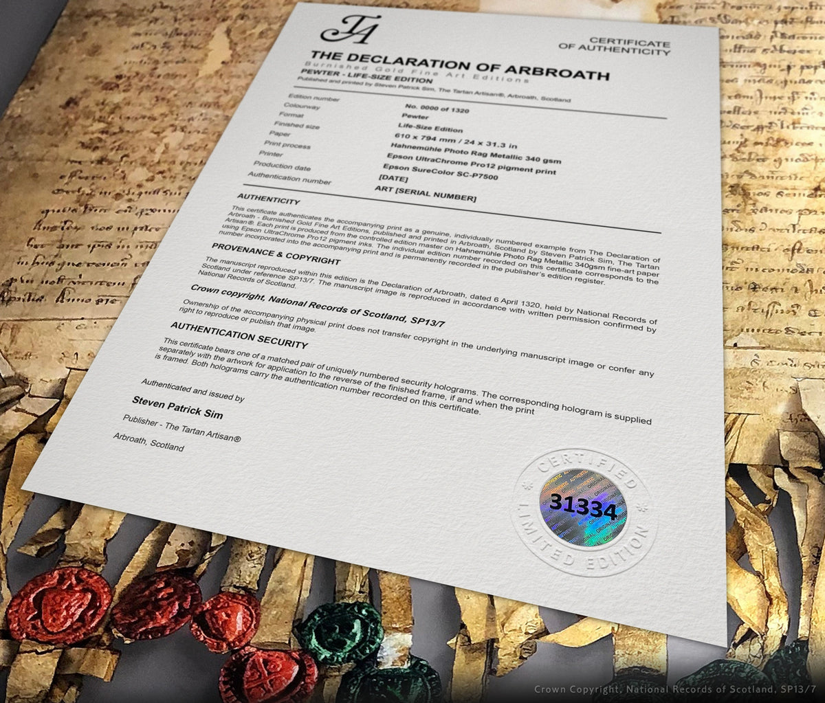 Pewter Life-Size Edition Certificate of Authenticity placed over the artwork, showing print specifications and authentication hologram 31334.