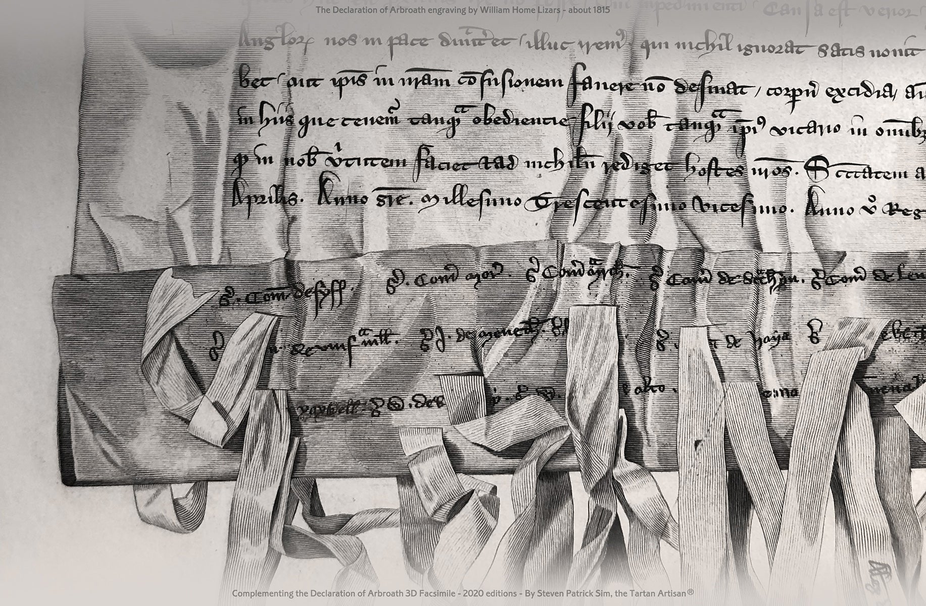 Central detail of the William Home Lizars engraving showing manuscript text and seal tags.
