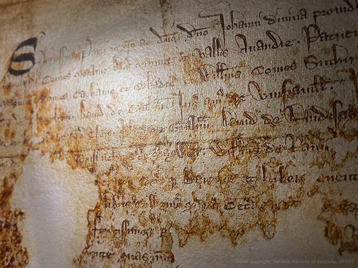 The Declaration of Arbroath Burnished Gold fine-art photograph showing bright manuscript calligraphy detail.