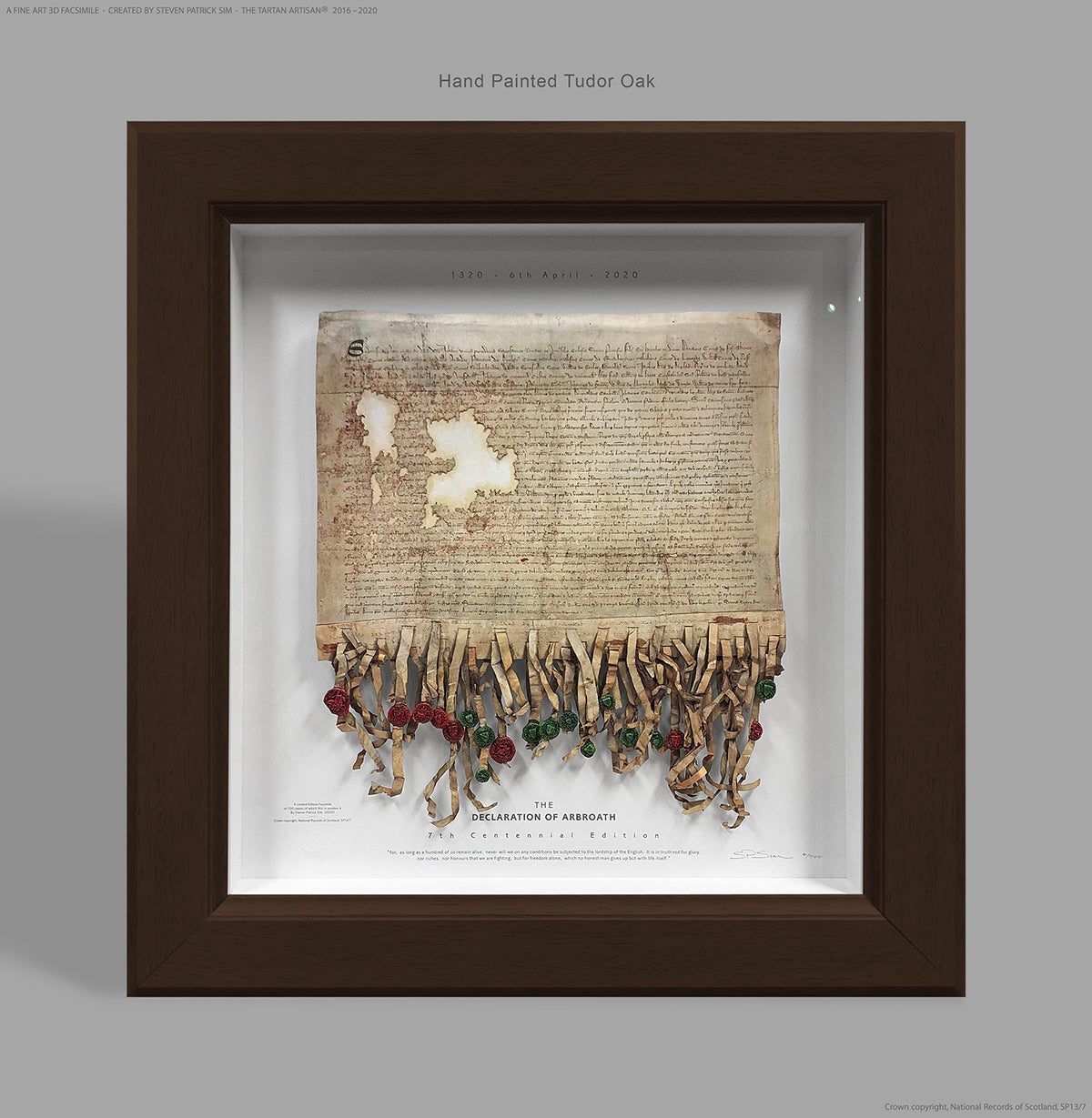Declaration of Arbroath Fine-Art 3D Facsimile in hand-stained Tudor Oak frame finish, 7th Centennial Edition by Steven Patrick Sim, The Tartan Artisan®.