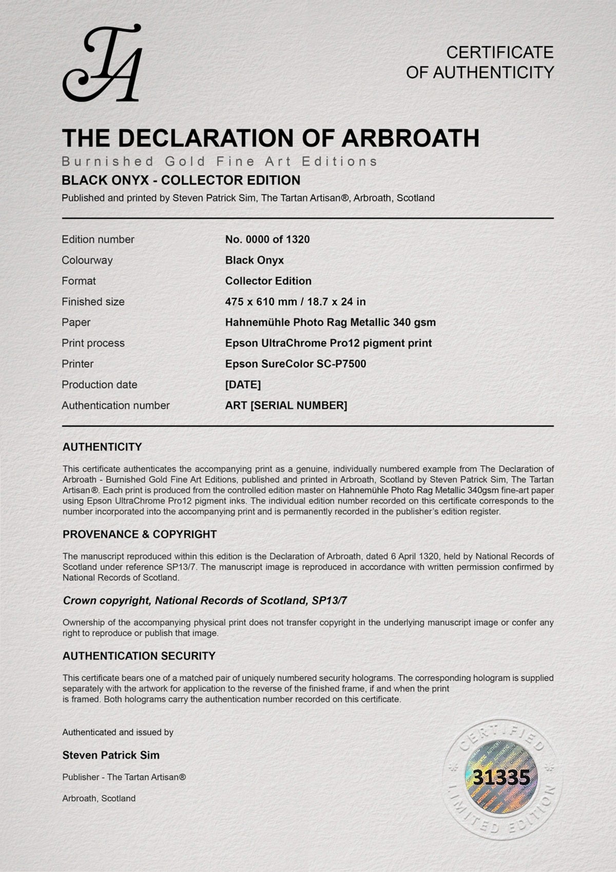 A4 Black Onyx Collector Edition Certificate of Authenticity showing edition, paper, printer and authentication fields with security hologram 31335.