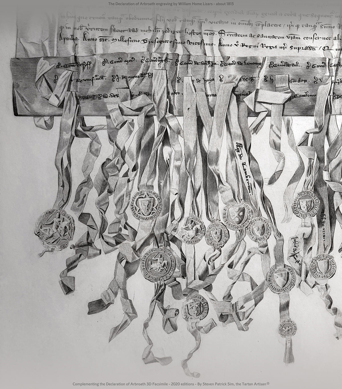 Lower seal tags and ribbon details in the William Home Lizars engraving of the Declaration of Arbroath.