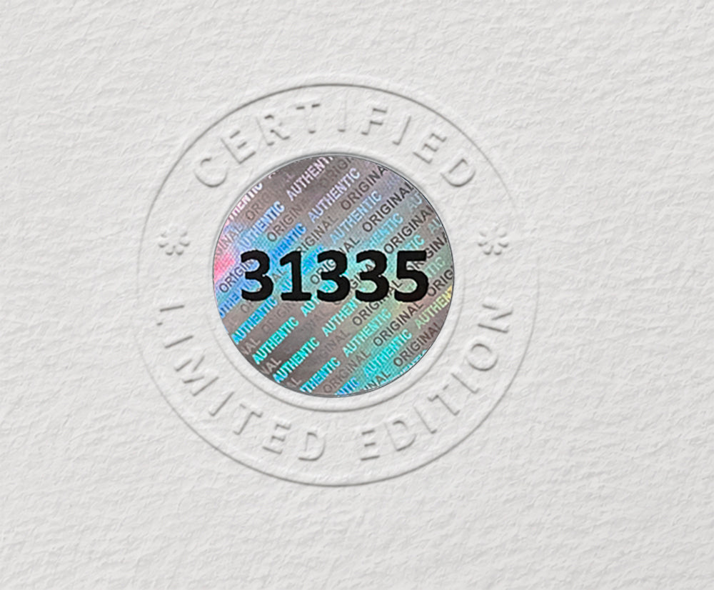 Close-up of serialised hologram 31335 set within a blind-embossed “Certified Limited Edition” seal on textured certificate paper.