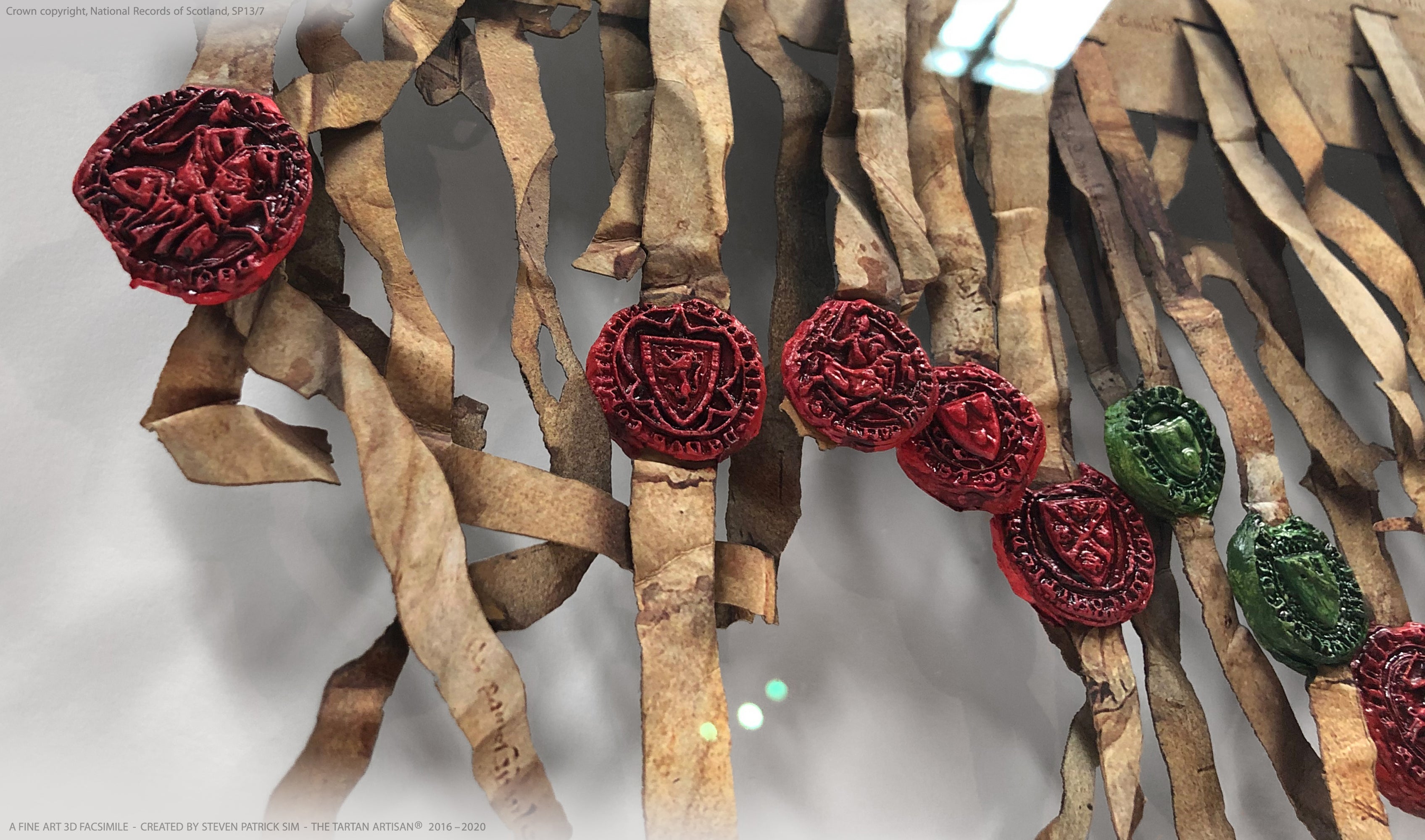Close-up of red and green cast seals on the Declaration of Arbroath Fine-Art 3D Facsimile, showing the textured wax-seal effect and layered ribbon supports.