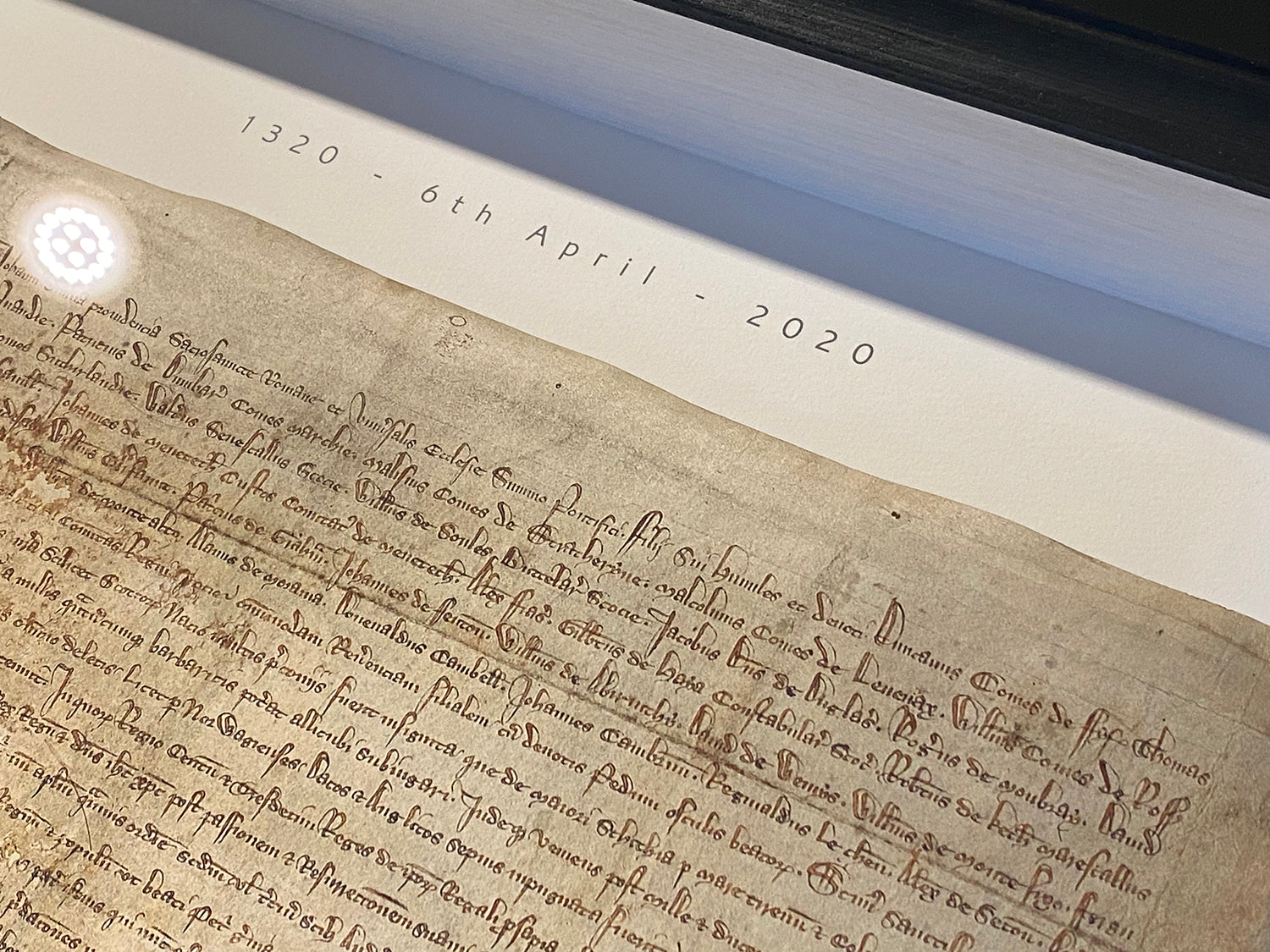 Detail of the 1320 to 2020 date marking on the Declaration of Arbroath Fine-Art 3D Facsimile, 7th Centennial Edition.