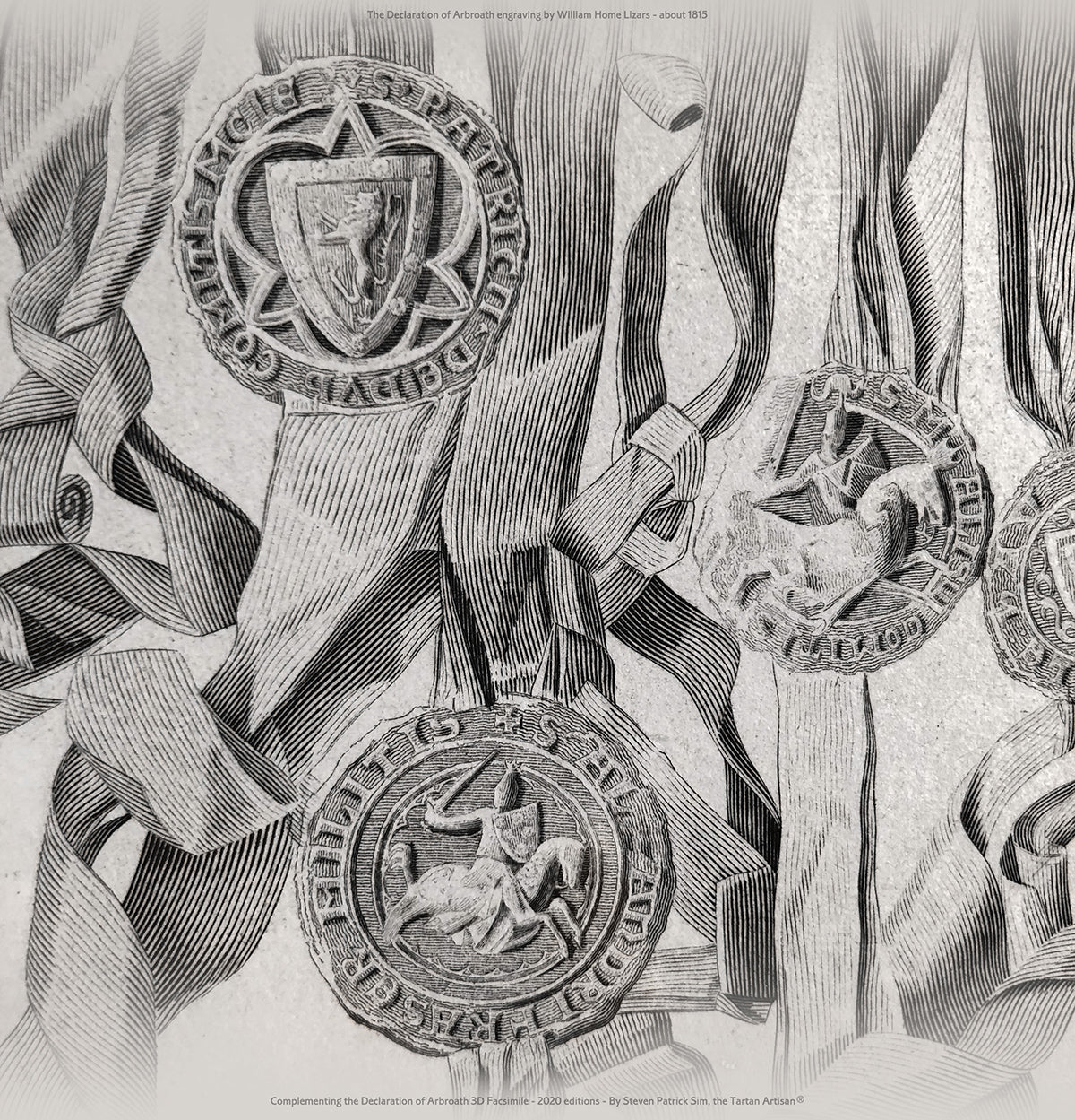 Paired seal relief detail from the William Home Lizars engraving, showing sculptural forms and ribbon folds.