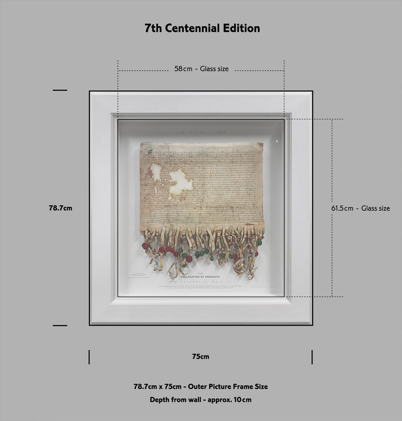 The Declaration of Arbroath Fine Art 3D Facsimile, Centennial Edition totalling 700 pieces. Framed glass guide, with sizes.