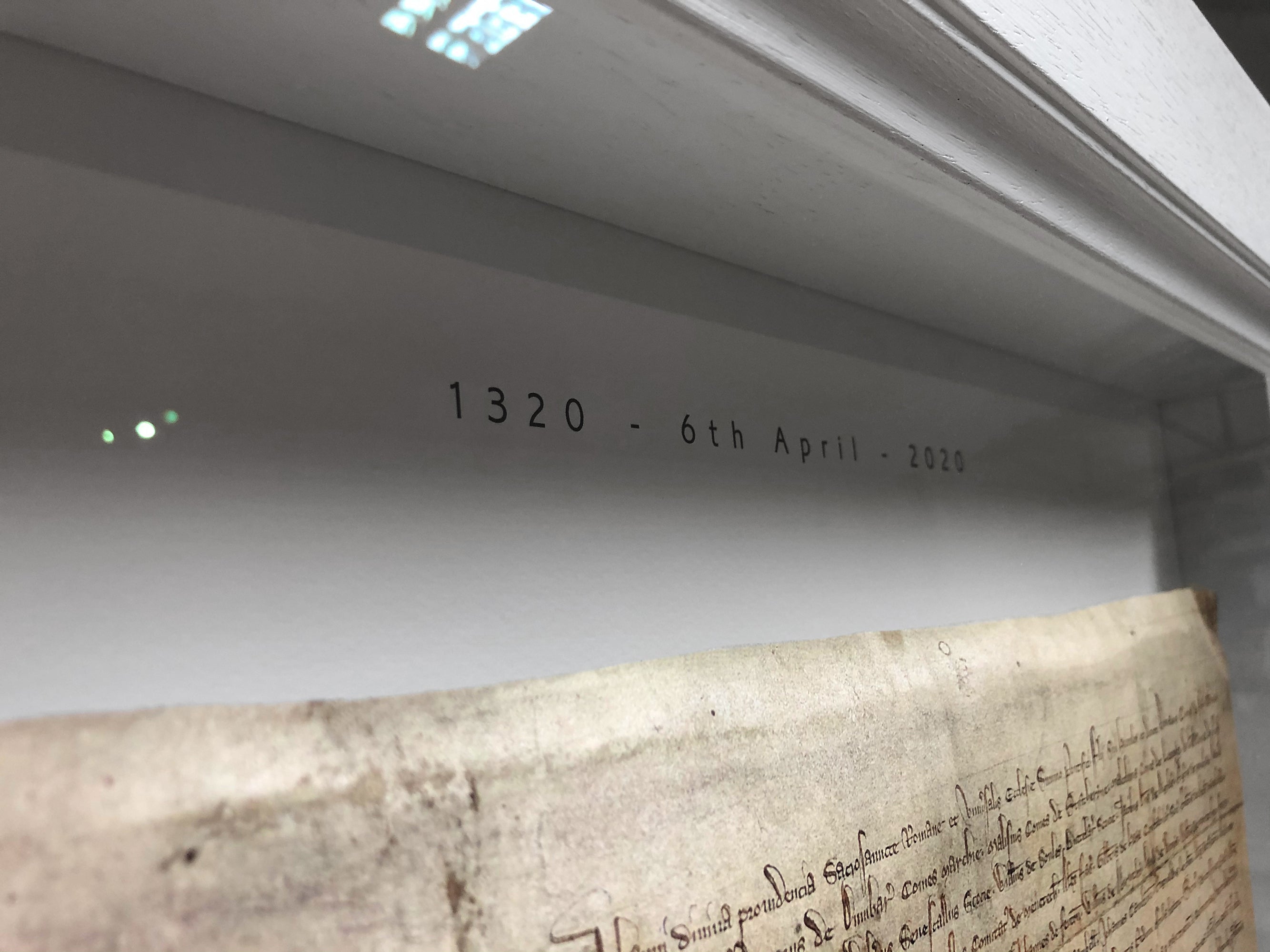 Close-up of the date inscription in the Declaration of Arbroath Fine-Art 3D Facsimile presentation, referencing 1320 and the 6th of April.