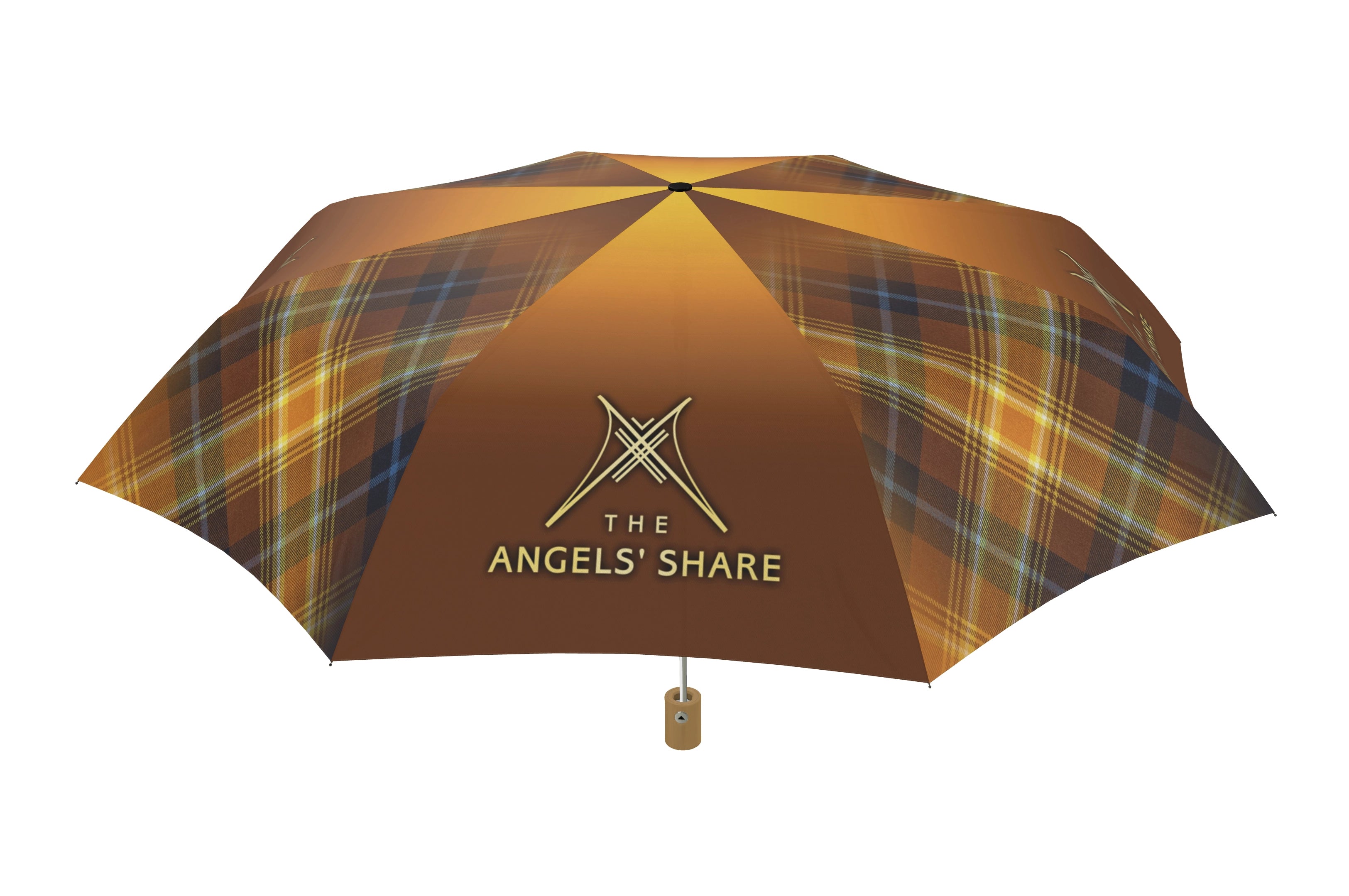 Front-facing panel detail highlighting the Angels’ Share emblem set against the whisky-toned golden gradient.