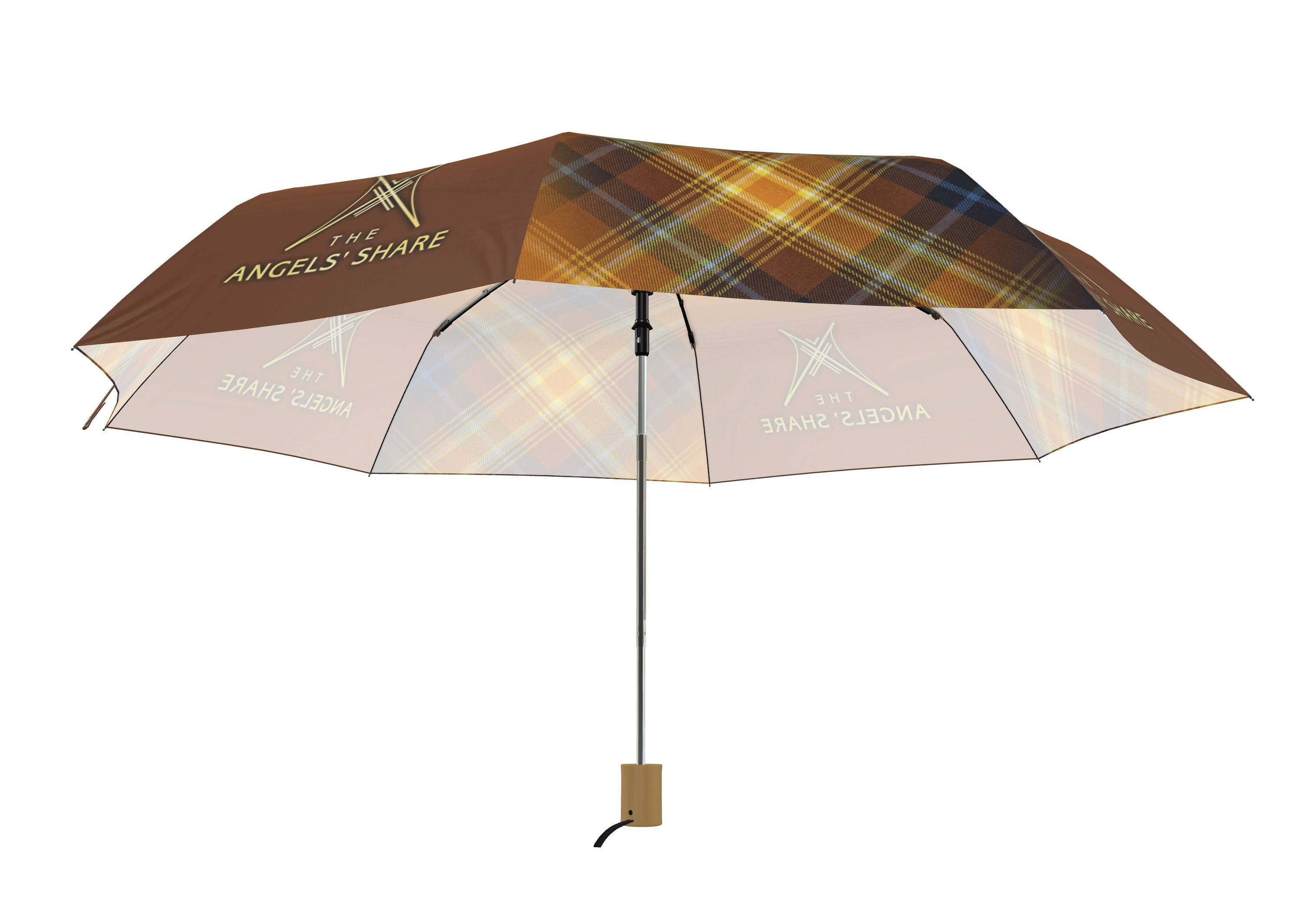 Low-profile angle showing the inner canopy form and alternating tartan and golden panels.