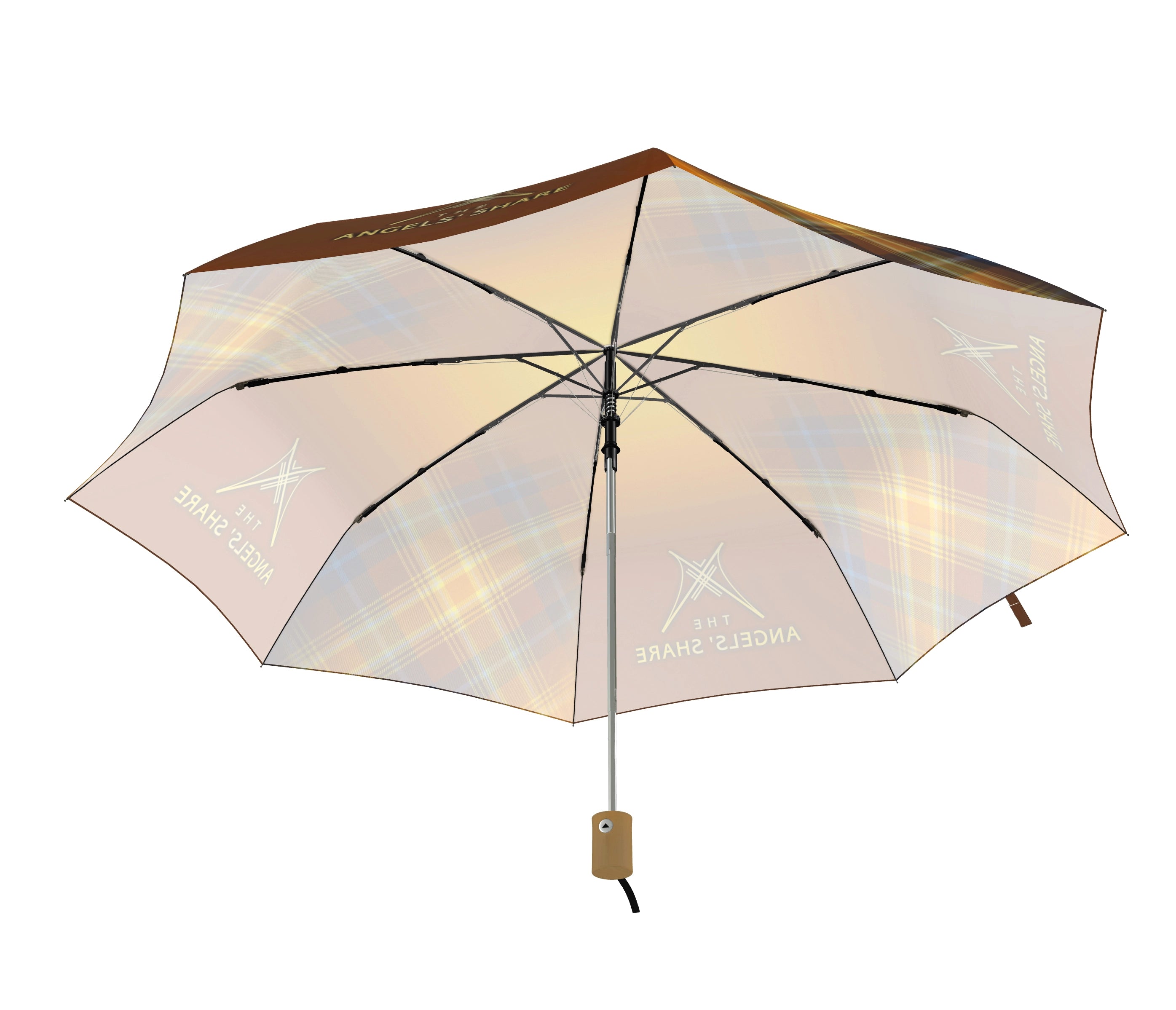 Underside view of the open umbrella highlighting the balance between tartan sections and emblem-bearing panels through the soft translucent material.