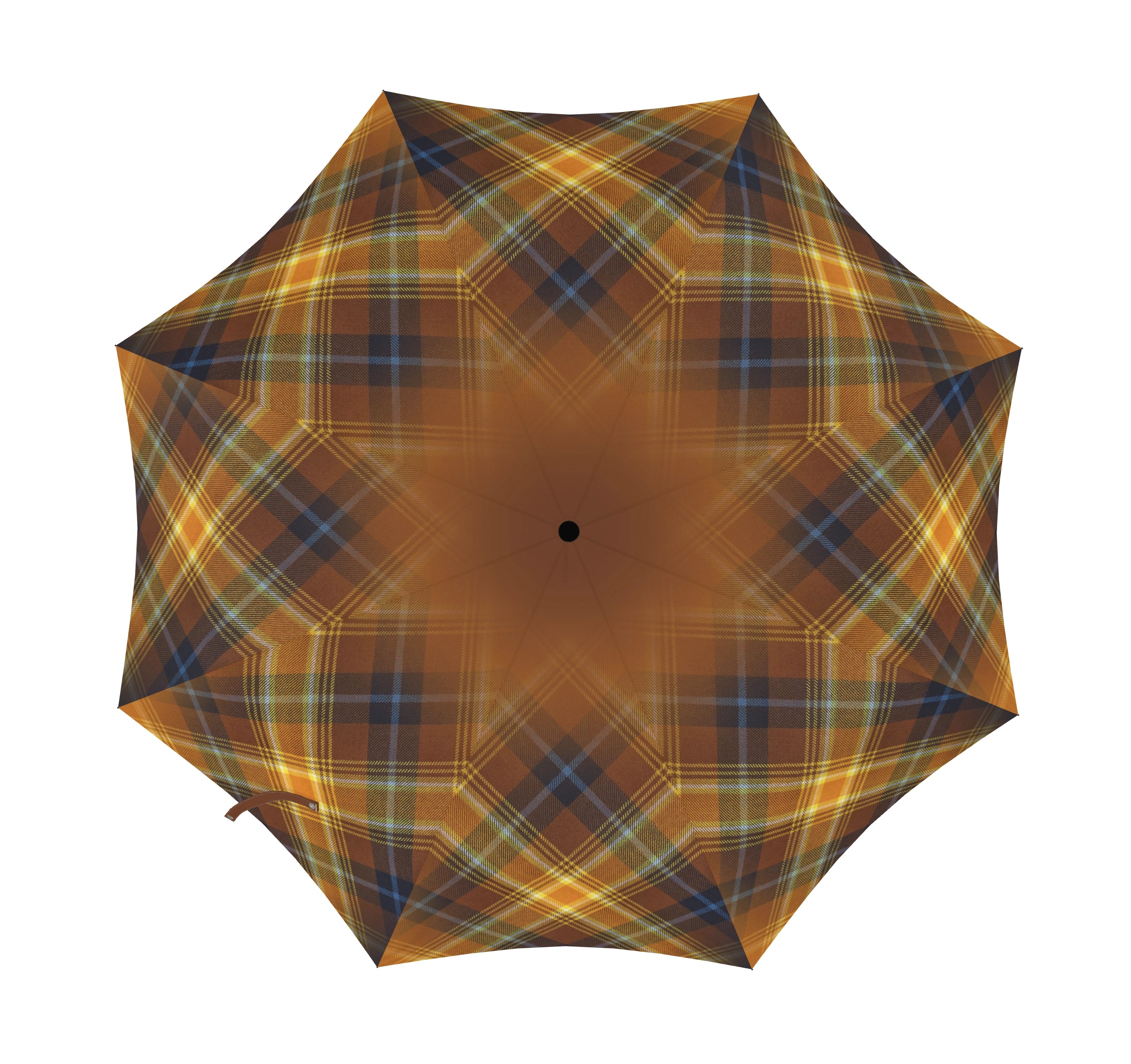 Top-down view of the Angels’ Share® Simply Tartan mini umbrella showing the full canopy pattern.