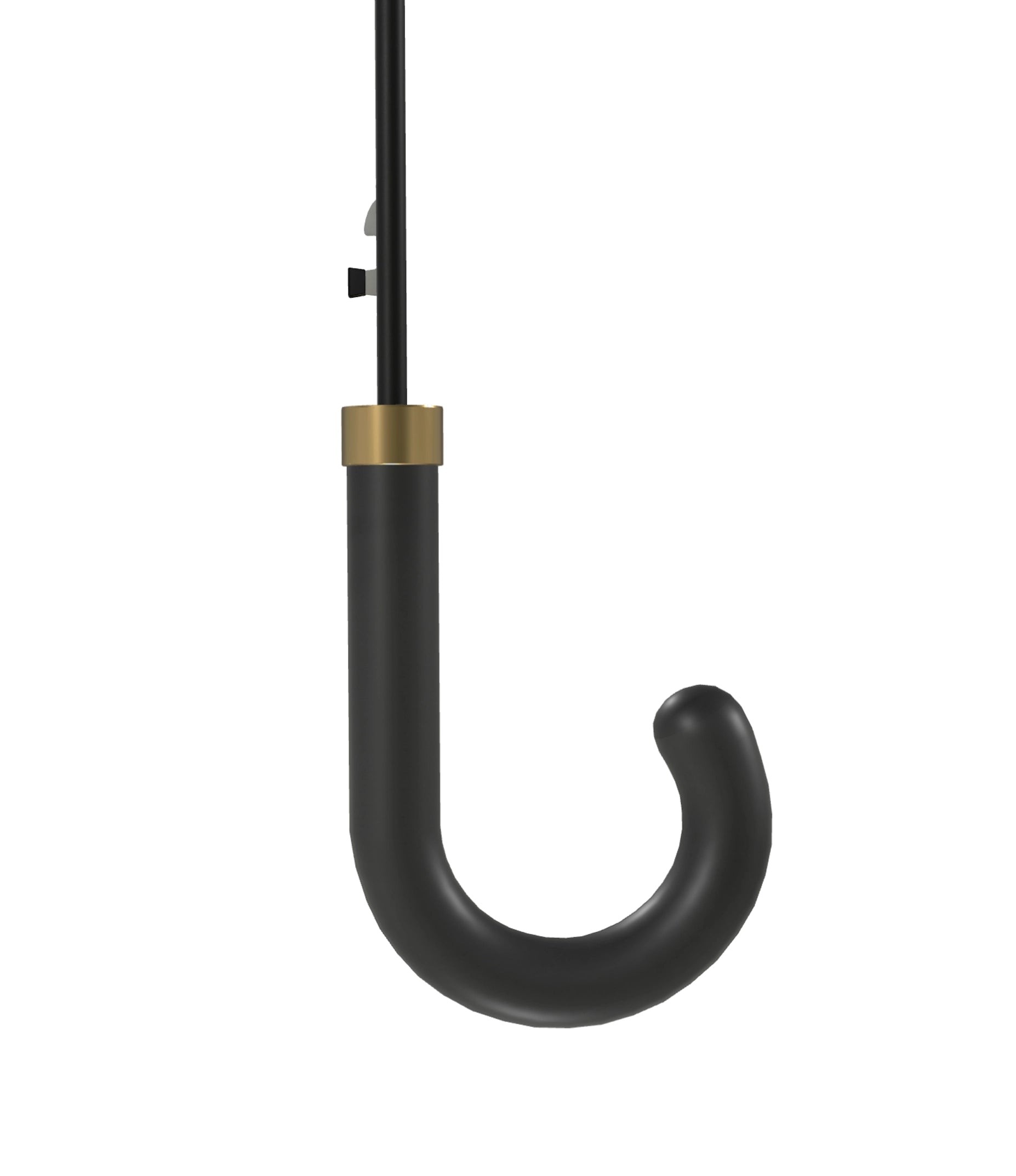Close-up of the black curved handle and shaft of the Angelās Share tartan city umbrella.