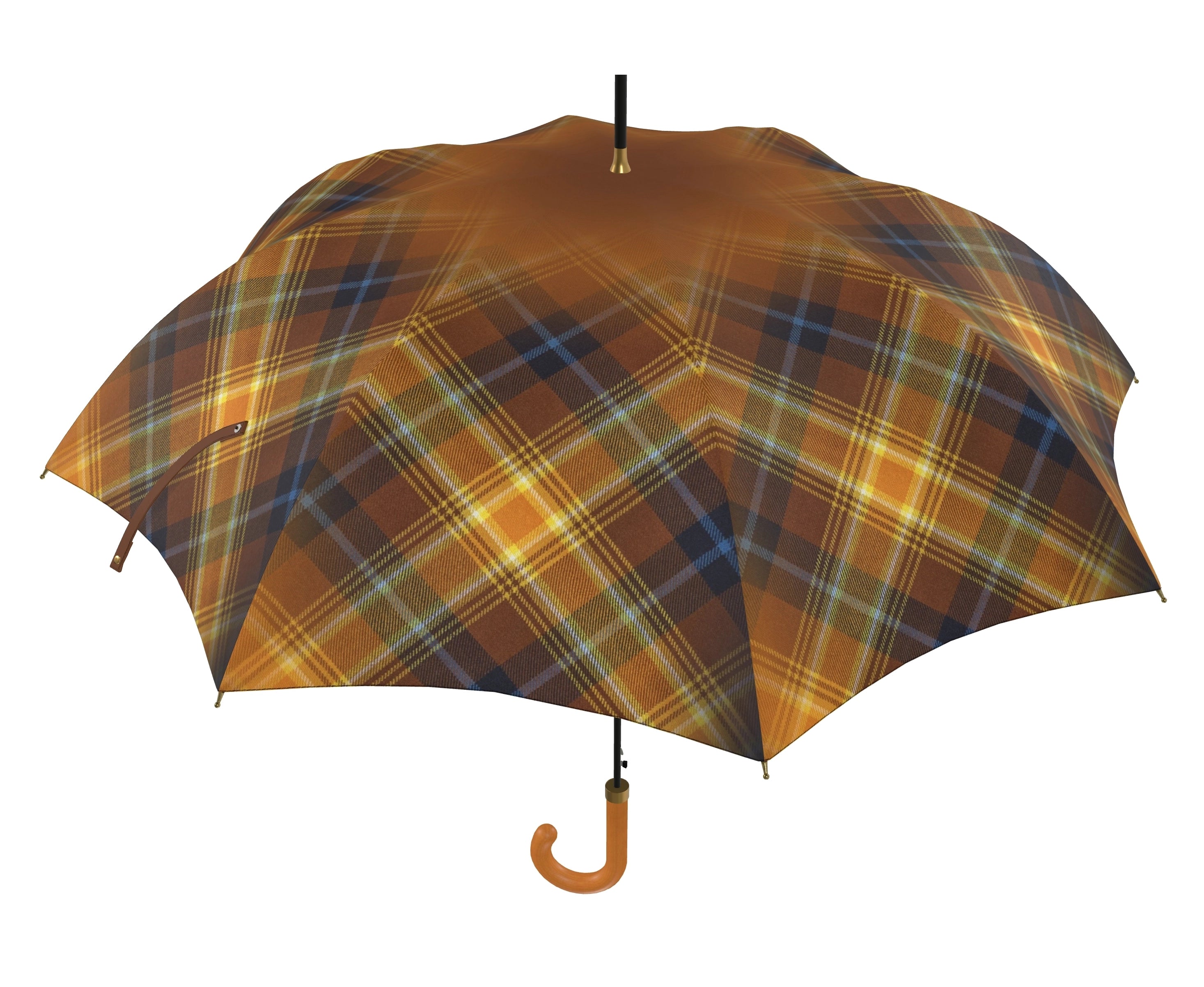 Side profile of the Angels’ Share® simply tartan city auto-open umbrella open with brown handle visible