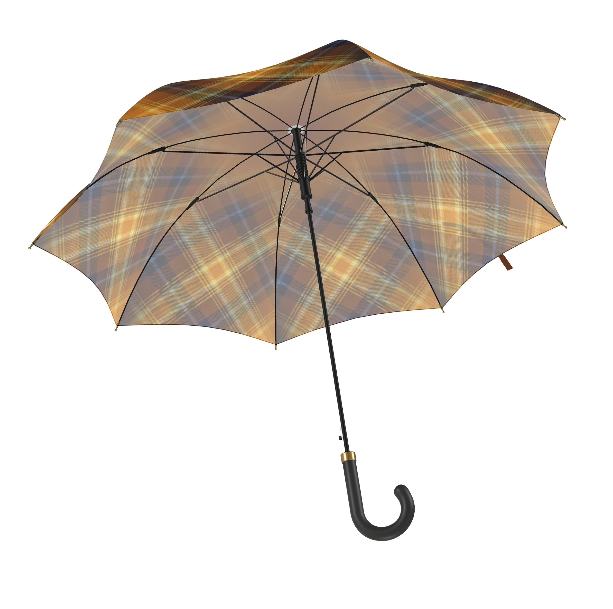 Interior view of the Angelās Share simply tartan city umbrella focusing on the central shaft and ribs.