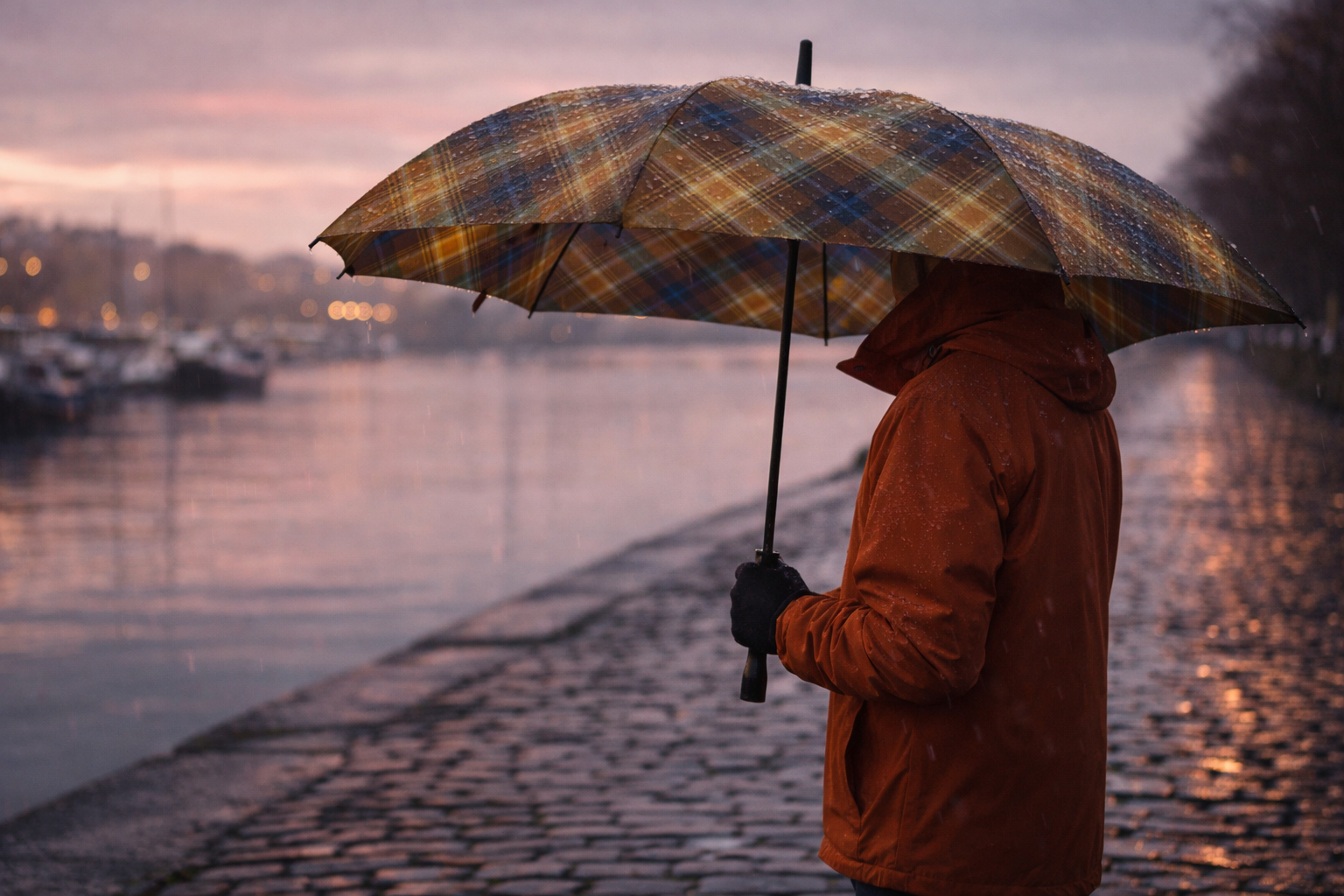 Person holding a plaid umbrella by a waterfront at dusk