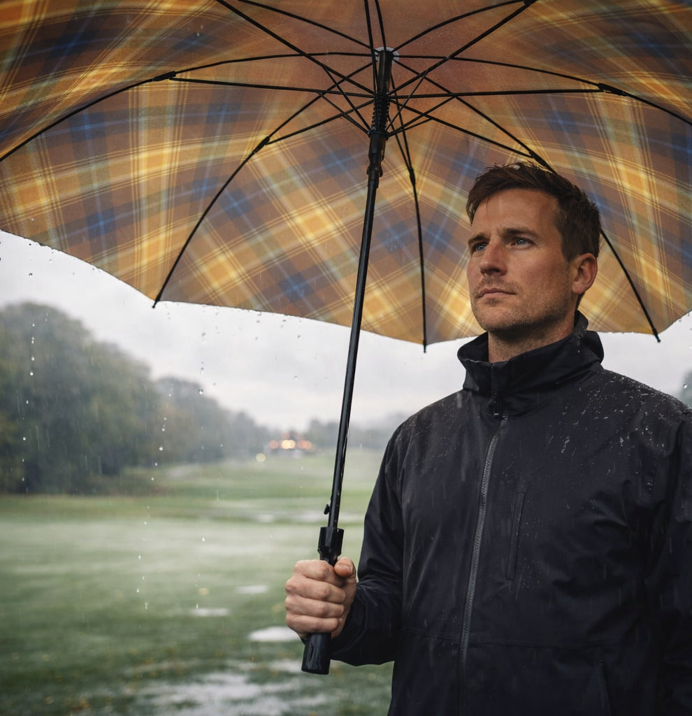 Man standing on a rain-soaked golf course holding the Angel’s Share tartan umbrella overhead, the amber and navy canopy glowing against grey skies and falling rain.