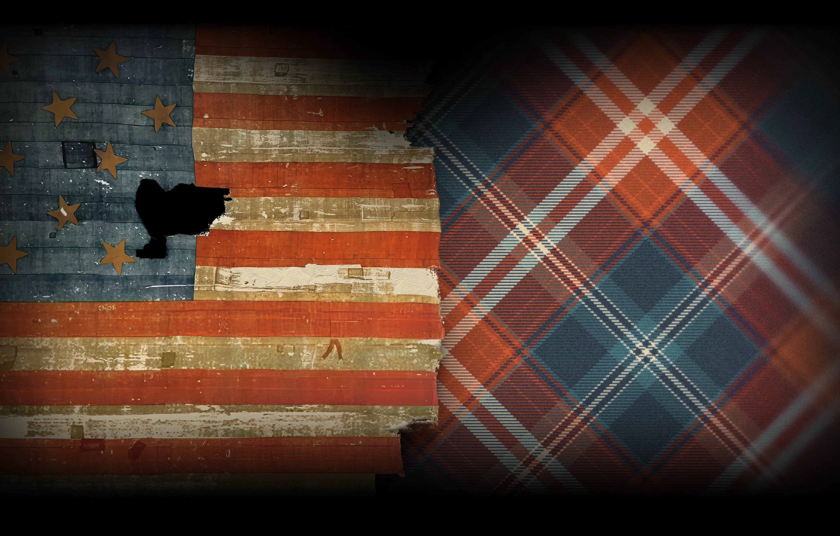 Historic 1814 U.S. flag alongside the Star-Spangled Banner tartan in aged tones.