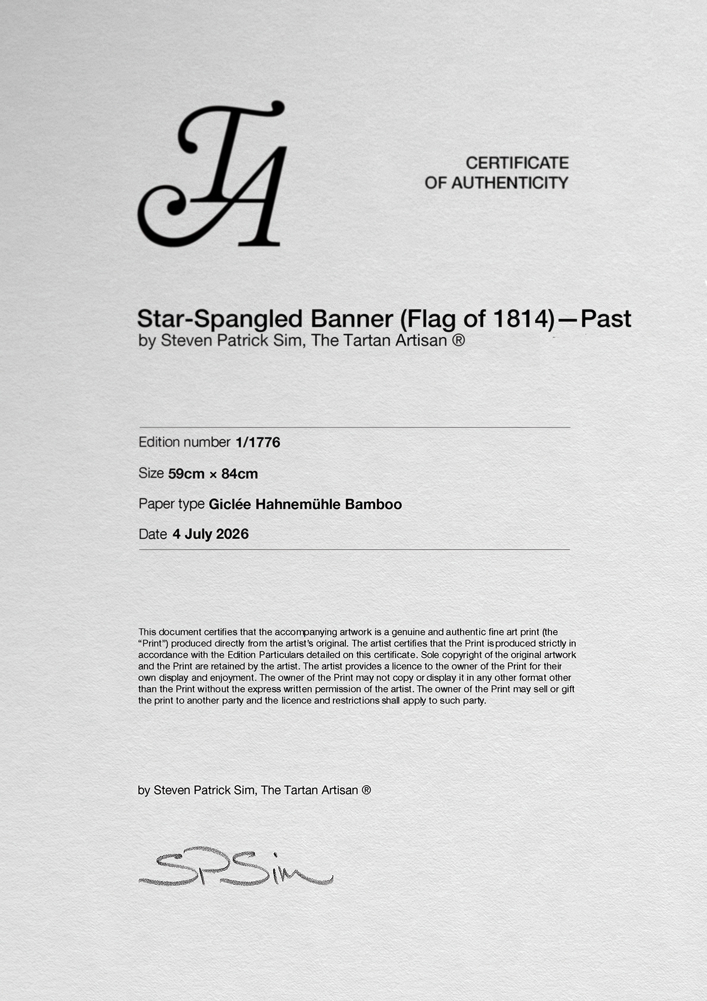 Star-Spangled Banner Past Edition full certificate of authenticity showing details of edition and paper type.