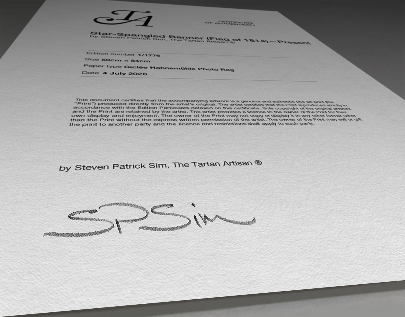 Certificate of authenticity for Star-Spangled Banner Present Edition with edition details and signature.