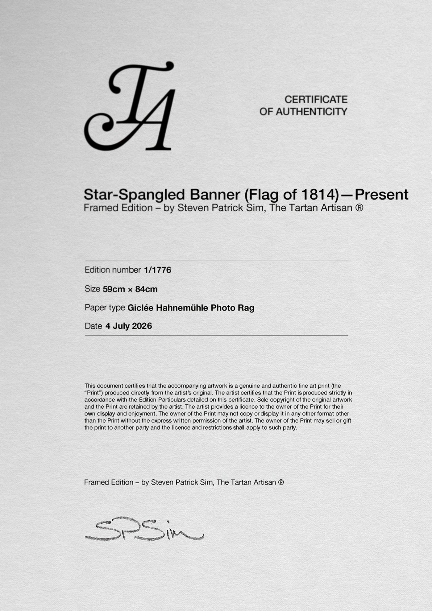 Full view of Star-Spangled Banner Present Edition certificate with signature and edition details.