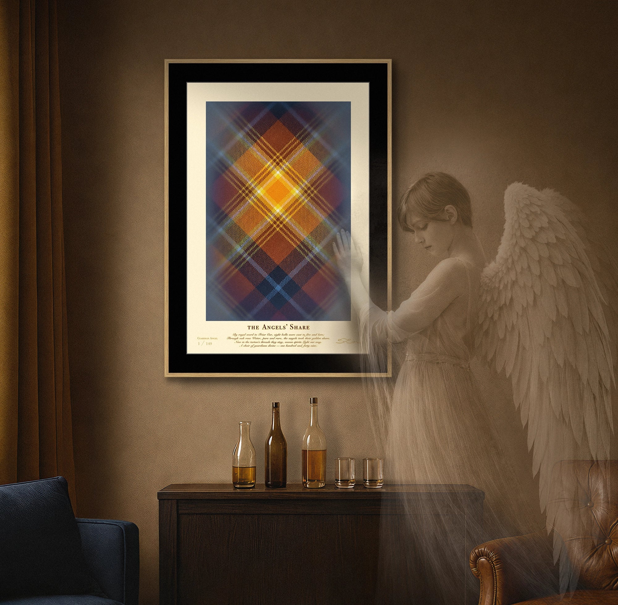 Angels’ Share tartan print displayed with whisky bottles.