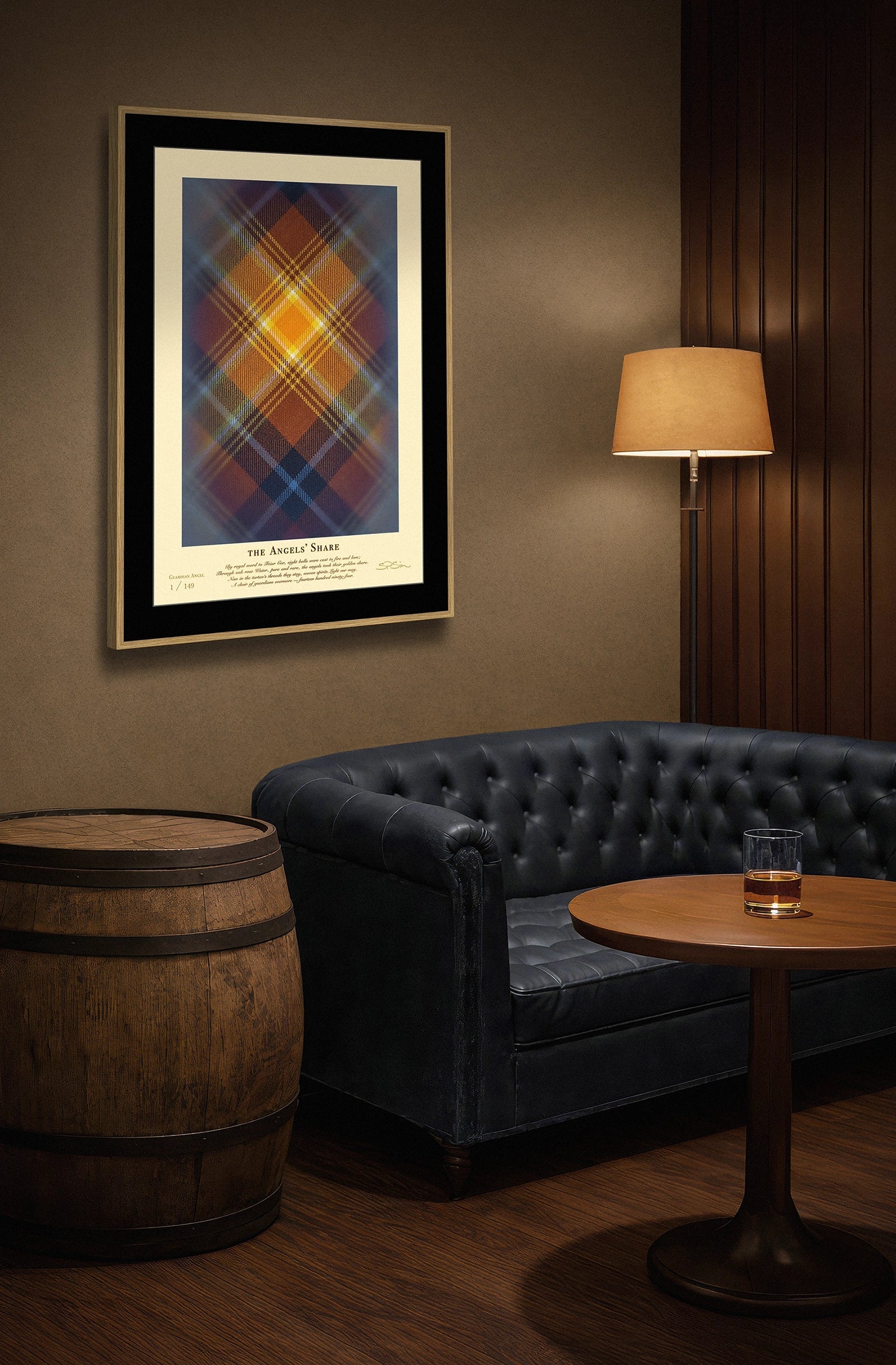 Angels’ Share tartan art shown in intimate lounge.
